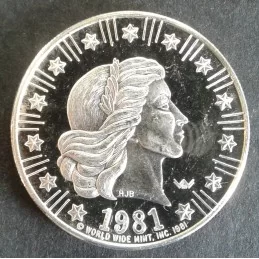 1981 1 Oz World Wide Mint Type 3 Silver Round